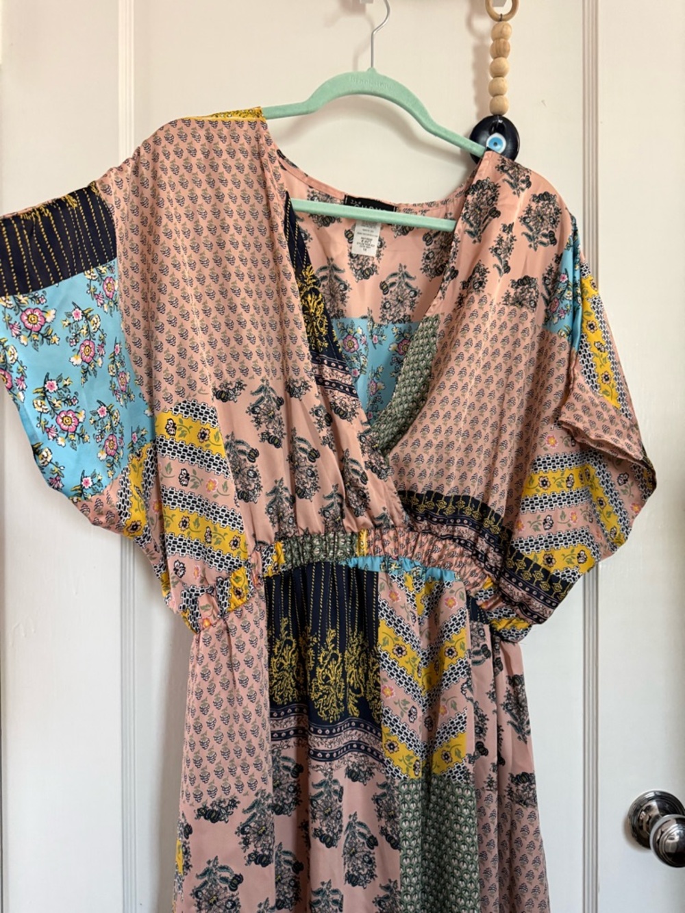 The Curve Like New 1X Boho Patchwork Wrap Dress in Pink, Blue & Yellow - Picture 3 of 6